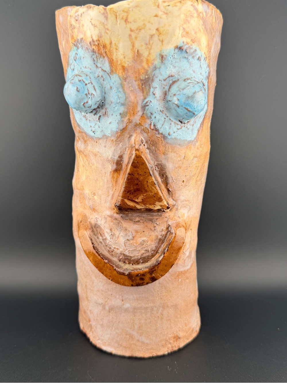 Handmade Studio Art FACE Pottery Clay Unique Whimsical Quirky Cylindrical Vessel